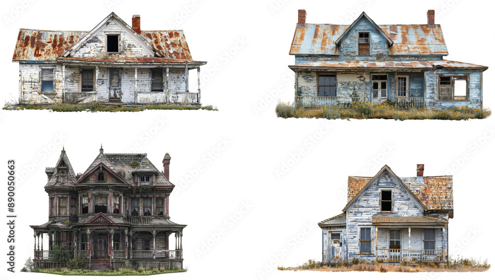collection of 4 haunted houses isolated PNG Style collection of 4 haunted houses isolated PNG Style
