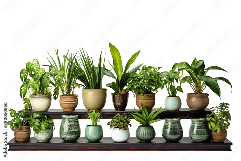 A Verdant Oasis: A Collection of Plants Thriving on a Two-Tiered Shelf on a Clear PNG or White Background. A Verdant Oasis: A Collection of Plants Thriving on a Two-Tiered Shelf on a Clear PNG or White Background.