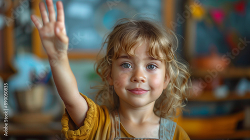 Cute elementary school child raising a hand to answer teachers questions.