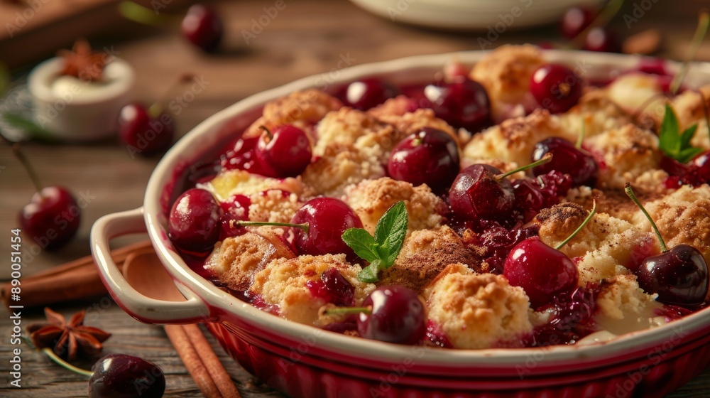 The national cuisine of France. Cherry cobbler with cinnamon and port wine. The national cuisine of France. Cherry cobbler with cinnamon and port wine.