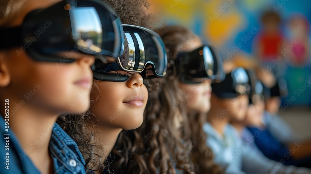 Group of children wearing VR headsets, looking into the future of technology. Group of children wearing VR headsets, looking into the future of technology.