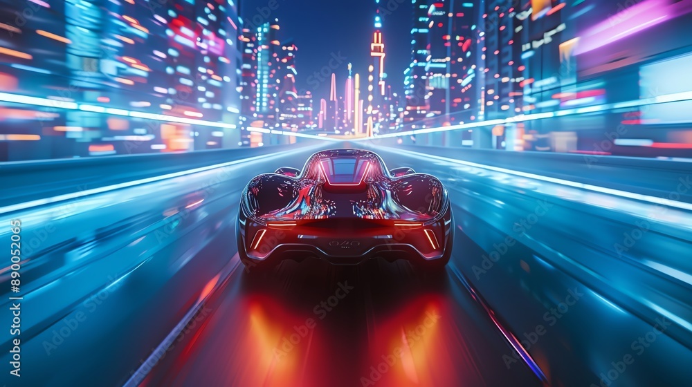 Futuristic sports car speeding through neon city at night. Futuristic sports car speeding through neon city at night.