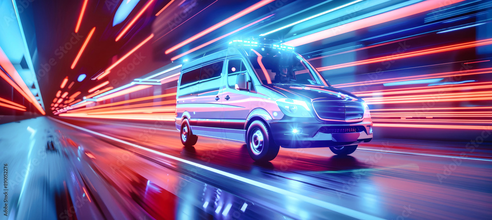 A futuristic ambulance races through a tunnel, illuminated by a vibrant display of blue and red neon lights A futuristic ambulance races through a tunnel, illuminated by a vibrant display of blue and red neon lights