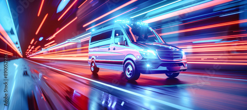 A futuristic ambulance races through a tunnel, illuminated by a vibrant display of blue and red neon lights