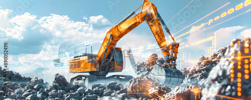 An orange excavator on rocks, with data visualizations of graphs and numbers overlaying the scene, shows a link between tech and construction