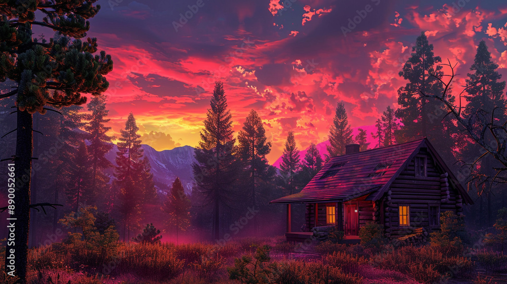 the magic of dawn as it breaks over the forest horizon, painting the sky with hues of gold and pink, and illuminating the cabin in a soft morning light. the magic of dawn as it breaks over the forest horizon, painting the sky with hues of gold and pink, and illuminating the cabin in a soft morning light.