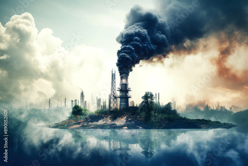 A factory smokestack belches black smoke into the sky, polluting the air and a nearby lake. The scene highlights the detrimental impact of industrial activities on the environment photo