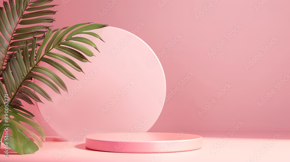 Pink podium and background with monstera for product presentation Pink podium and background with monstera for product presentation