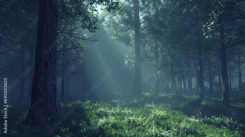 Fototapeta premium the quiet majesty of the forest at twilight, as shadows lengthen and the sounds of nocturnal creatures begin to fill the air.