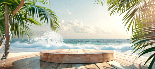 A wooden podium on a platform overlooks a beautiful beach with palm trees and blue waves crashing on the shore, creating a tropical paradise