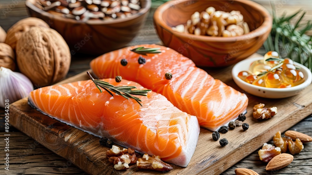 the benefits of omega-3 fatty acids found in fish and nuts for brain and heart health. the benefits of omega-3 fatty acids found in fish and nuts for brain and heart health.
