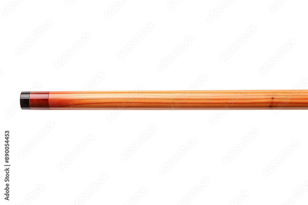A Wooden Cue Stick With Red And Black Accents Lies Still Against A White Background on a Clear PNG or White Background. A Wooden Cue Stick With Red And Black Accents Lies Still Against A White Background on a Clear PNG or White Background.