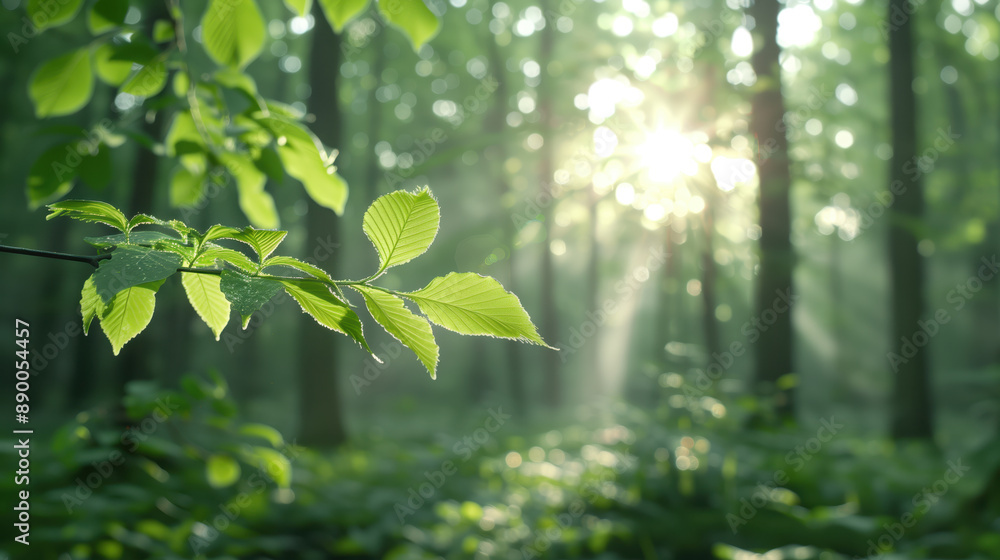 A forest with trees and sunlight shining through the leaves A forest with trees and sunlight shining through the leaves