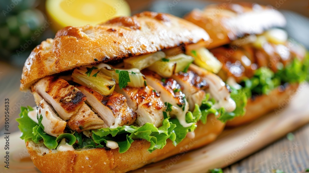 Hawaiian-style sandwich with teriyaki grilled chicken, pineapple, lettuce, and mayo on a Hawaiian roll Hawaiian-style sandwich with teriyaki grilled chicken, pineapple, lettuce, and mayo on a Hawaiian roll
