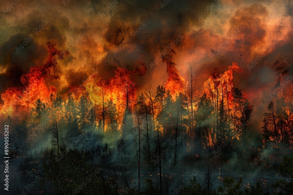 Apocalyptic scene as a raging wildfire engulfs the forest, creating a chaotic blend of flames and smoke, Photo --ar 3:2 --stylize 50 Job ID: 8aad862d-c5e7-426b-9dc0-a23e67006079 Apocalyptic scene as a raging wildfire engulfs the forest, creating a chaotic blend of flames and smoke, Photo --ar 3:2 --stylize 50 Job ID: 8aad862d-c5e7-426b-9dc0-a23e67006079