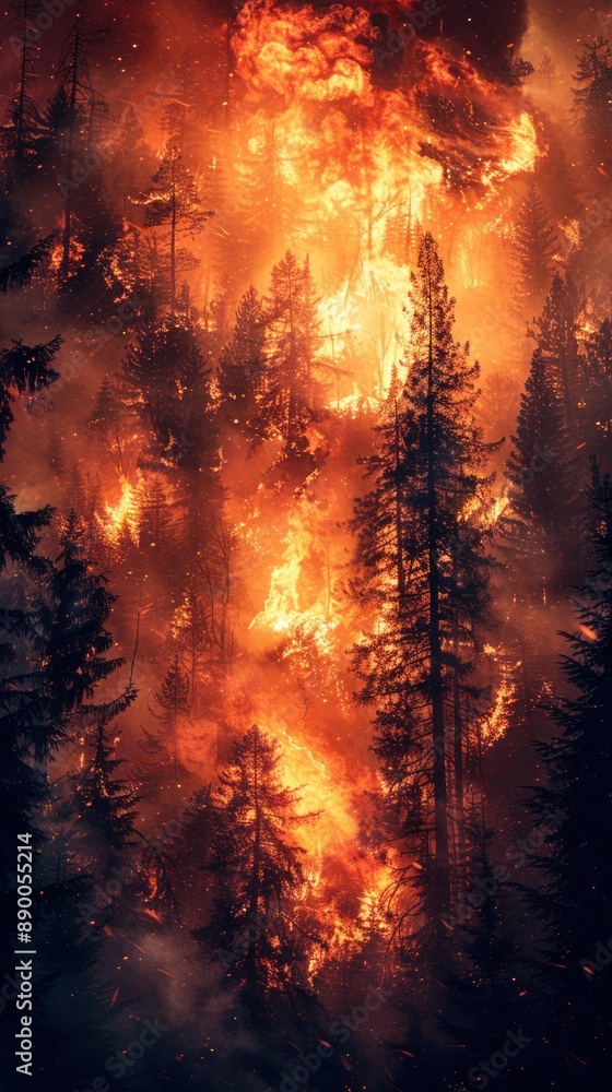Catastrophic forest fires create a fiery spectacle, with trees engulfed in flames and the sky painted with smoke, Photo --ar 9:16 --stylize 750 Job ID: 2e6b70f0-af5f-4fc0-8b18-b48917119464 Catastrophic forest fires create a fiery spectacle, with trees engulfed in flames and the sky painted with smoke, Photo --ar 9:16 --stylize 750 Job ID: 2e6b70f0-af5f-4fc0-8b18-b48917119464