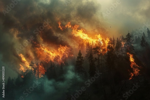 Wallpaper Mural Apocalyptic scene as a raging wildfire engulfs the forest, creating a chaotic blend of flames and smoke, Photo --ar 3:2 --stylize 50 Job ID: fd74d6df-ee7a-4768-b0ff-929fb697cf62 Torontodigital.ca