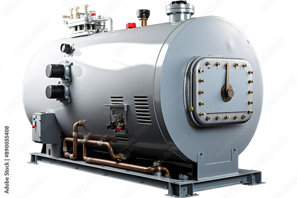 A Silver Industrial Boiler With Copper Pipes and a Metal Access Panel on a Clear PNG or White Background. A Silver Industrial Boiler With Copper Pipes and a Metal Access Panel on a Clear PNG or White Background.