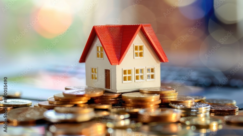 Model house on a pile of coins, representing investment in property Model house on a pile of coins, representing investment in property