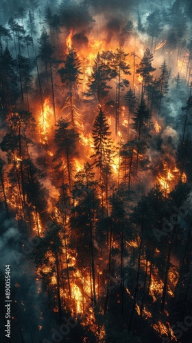 Destructive force of nature: a forest fire in progress, with flames leaping among the trees and smoke billowing, Photo --ar 9:16 --stylize 750 Job ID: a6782872-2e00-49d1-9c66-5b720e78b160