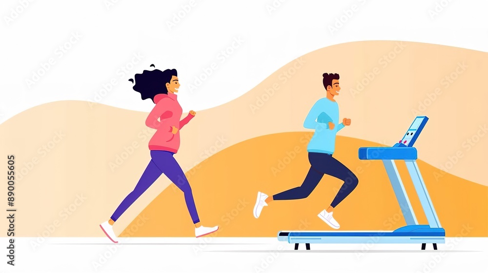 Obraz premium Man and woman exercising on treadmill and running outside, health and fitness concept.