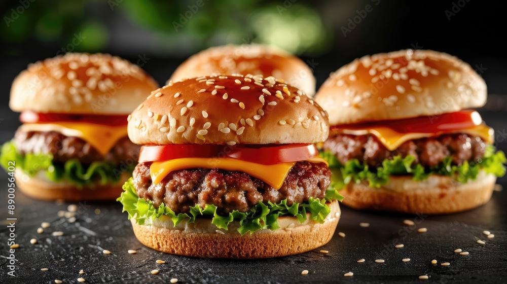 slider sandwich trio with mini burgers topped with cheese, lettuce, and tomato on sesame seed buns slider sandwich trio with mini burgers topped with cheese, lettuce, and tomato on sesame seed buns
