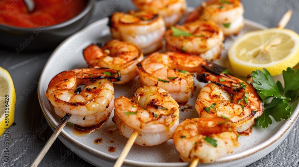 Spicy grilled shrimp on a skewer, served with a side of tangy dipping sauce and lemon slices Spicy grilled shrimp on a skewer, served with a side of tangy dipping sauce and lemon slices