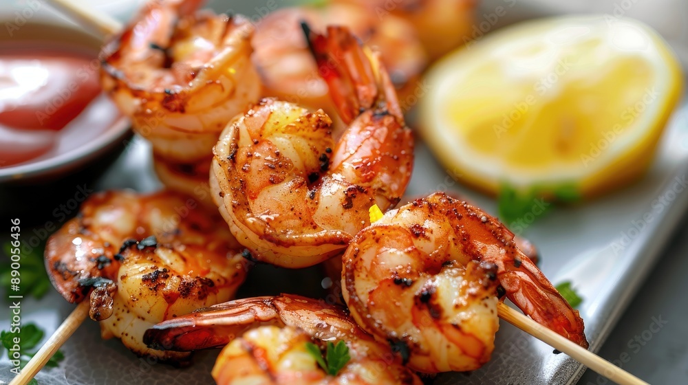 Spicy grilled shrimp on a skewer, served with a side of tangy dipping sauce and lemon slices Spicy grilled shrimp on a skewer, served with a side of tangy dipping sauce and lemon slices