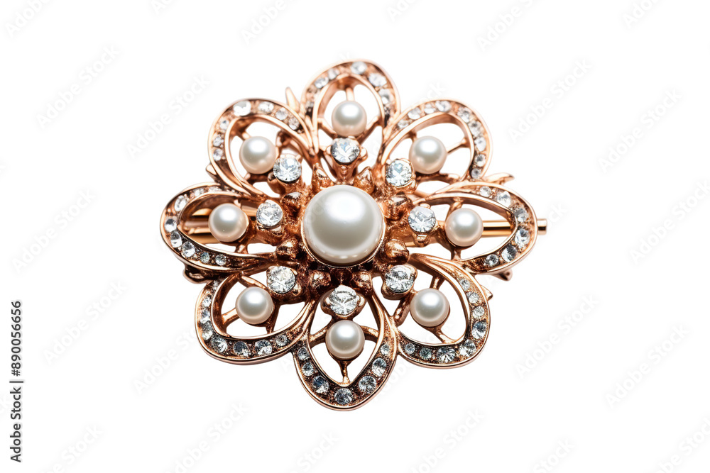 A Delicate Floral Brooch Adorned With Pearls and Rhinestones on a Clear PNG or White Background. A Delicate Floral Brooch Adorned With Pearls and Rhinestones on a Clear PNG or White Background.