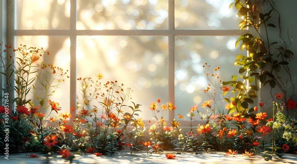 A window with colorful flowers and green plants in front of it. A window with colorful flowers and green plants in front of it.