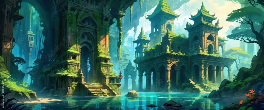 Obraz premium Ancient ruins covered in green moss, surrounded by calm water and lush vegetation. Moss-Covered Ruins. Anime art style
