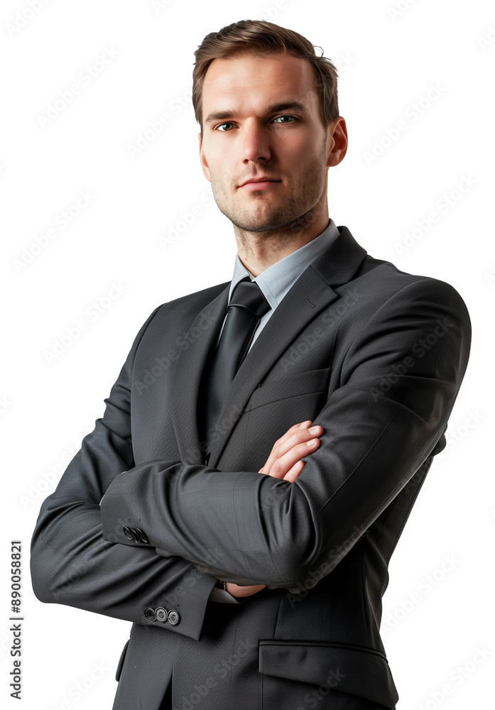 A determined young businessman in a dark suit with arms crossed, showcasing confidence and authority. Perfect for themes related to leadership, business, and corporate professionalism A determined young businessman in a dark suit with arms crossed, showcasing confidence and authority. Perfect for themes related to leadership, business, and corporate professionalism
