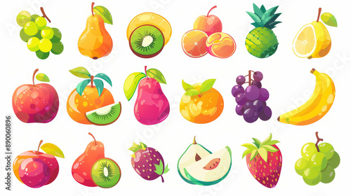 Collection of vibrant cartoon fruit icons: apple, pear, strawberry, orange, peach, plum, banana, watermelon, pineapple, papaya, grapes, cherry, kiwi, lemon, and mango. Vector illustration, isolated on