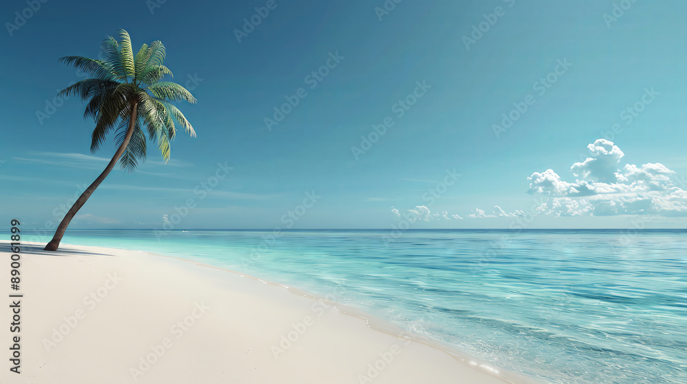 Fototapeta premium Idyllic beach scene with white sand, turquoise water, and a single palm tree, peaceful and vibrant, digital rendering
