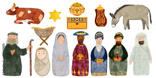 Christmas nativity set in watercolor isolated on white. Mary with baby and Joseph, shepherd, magi, animals. Illustration for advent calendar, banners, wrapping paper, textile, stickers, posters design