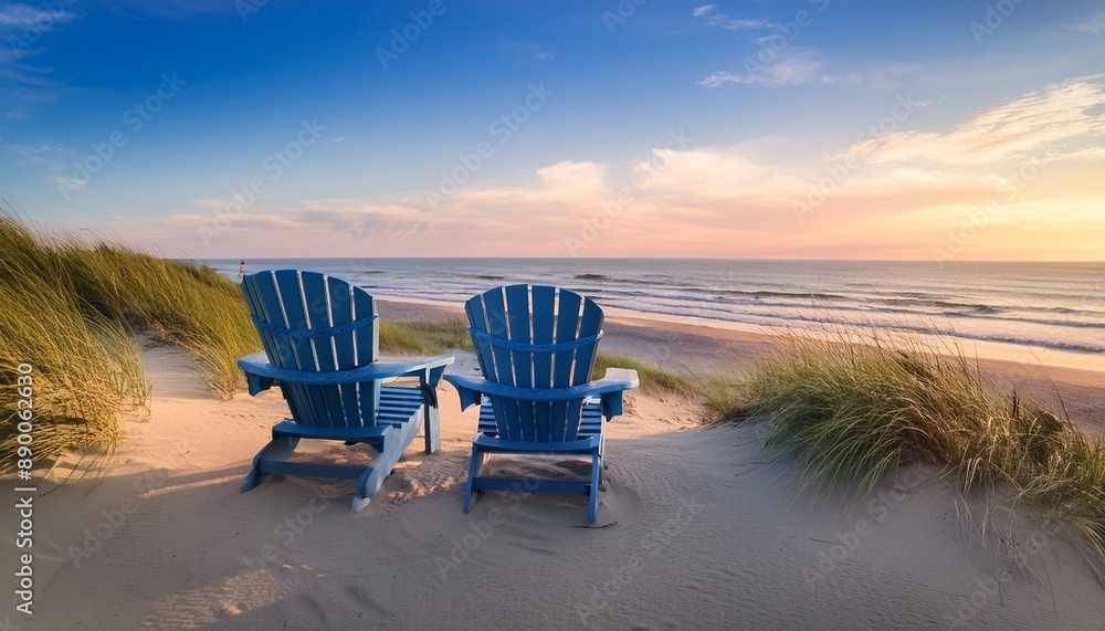 Sunset Serenity: Two Blue Adirondack Chairs on a Sandy Beach Facing the Ocean Sunset Serenity: Two Blue Adirondack Chairs on a Sandy Beach Facing the Ocean