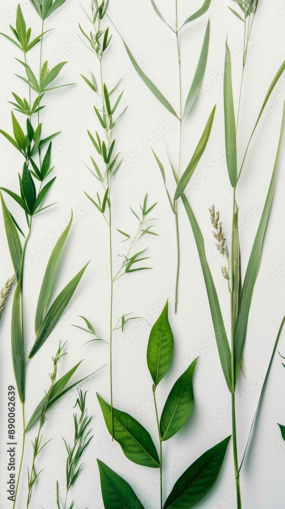 Obraz premium Vibrant Green Foliage Close-up: Diverse Plant Textures and Tones on Pure White Background. Botanical Study Featuring Lush Leaves and Grass. Perfect for Nature Enthusiasts, Researchers, and Fresh, Orga
