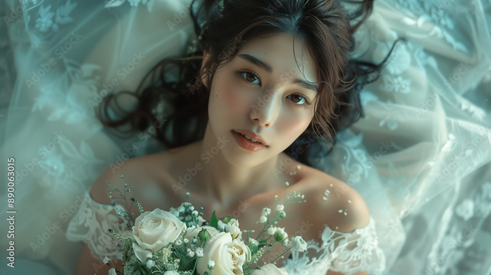 A Beautiful Japanese girl, wearing wedding dress, holding flowers in hand and sitting on the floor A Beautiful Japanese girl, wearing wedding dress, holding flowers in hand and sitting on the floor