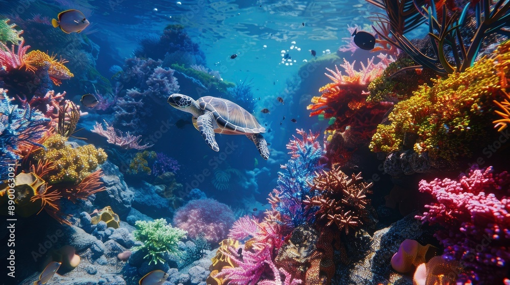 Fototapeta premium A vibrant coral reef with sea turtles.