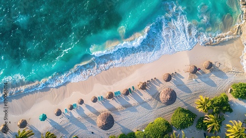 Fototapeta Naklejka Na Ścianę i Meble -  Aerial view of white sand tropical beach paradise with blue sea and lots of umbrellas for relaxing
