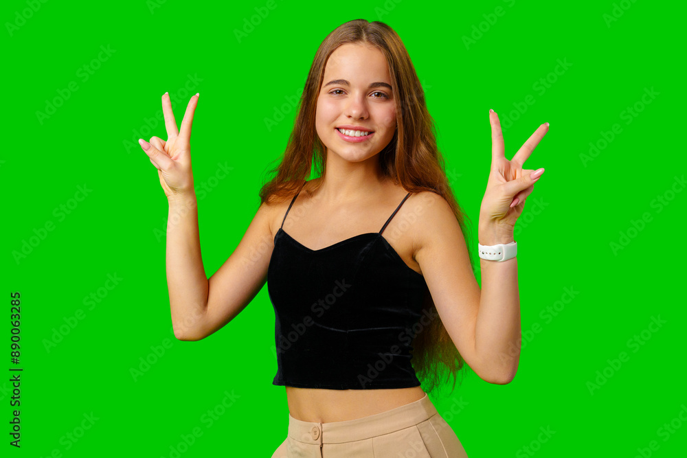 Woman in Black Top Making Peace Sign. Woman in Black Top Making Peace Sign.