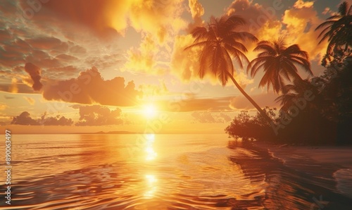 Breathtaking Tropical Island Sunset: Aerial View of Golden Hour Landscape. Warm Sunlight Casting Across Pristine Beaches and Lush Vegetation. Perfect for Travel Enthusiasts, Vacation Planners, and Rel