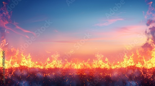 Surreal landscape with a horizon on fire under a dreamy sky, evoking warmth and mystery. photo