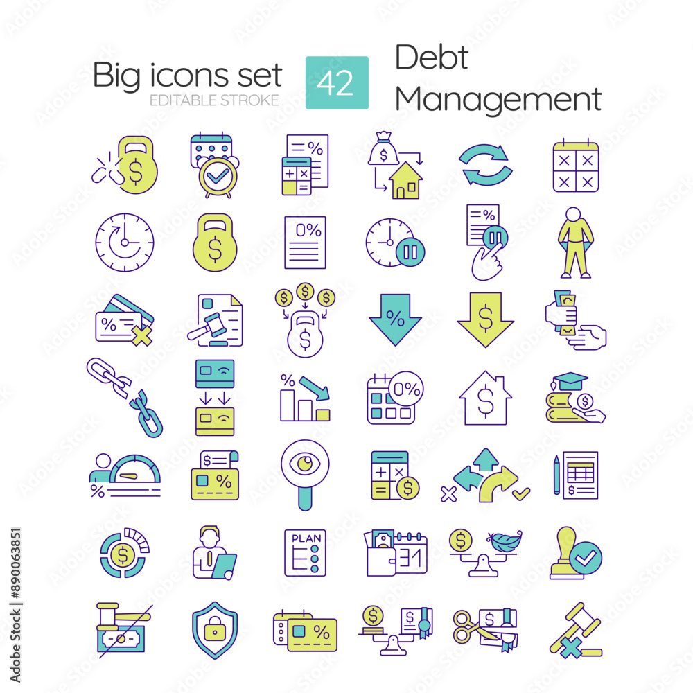 Debt management RGB color icons set. Credit card balance. Home equity, transfer money. Payment period. Isolated vector illustrations. Simple filled line drawings collection. Editable stroke Debt management RGB color icons set. Credit card balance. Home equity, transfer money. Payment period. Isolated vector illustrations. Simple filled line drawings collection. Editable stroke