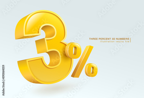 Three percent number or 3% special offer isolated on white background. 3d illustration vector file.