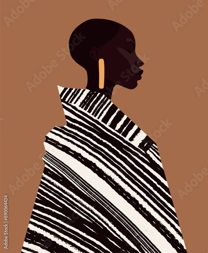 Black African Woman Queen Minimalist Woman Portrait Vector Illustration