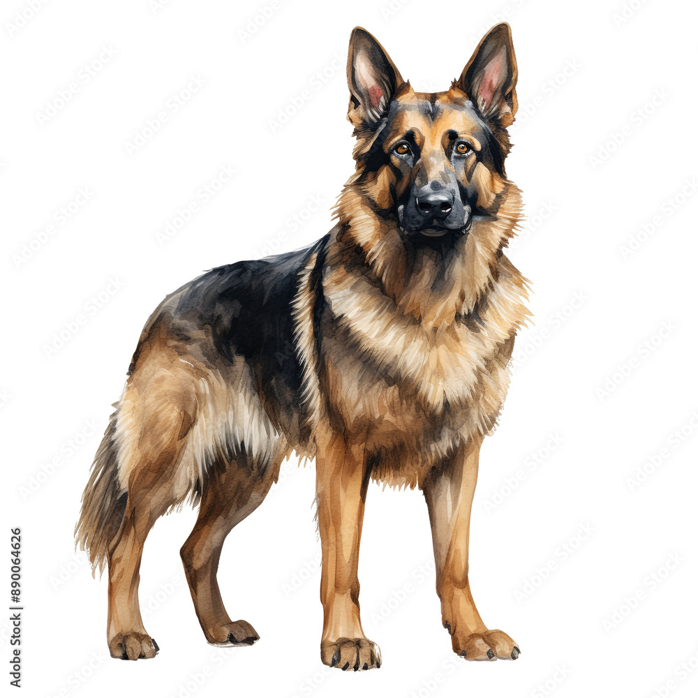 A standing German Shepherd dog watercolor clipart illustration isolated on transparent background A standing German Shepherd dog watercolor clipart illustration isolated on transparent background