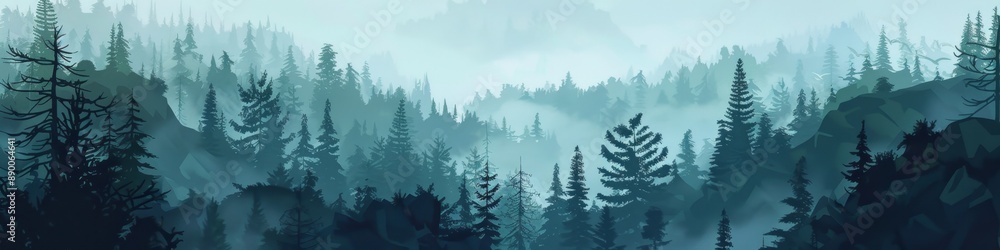 Obraz premium Ethereal Misty Forest: Aerial View of Dark Pine and Cedar Landscape. Mysterious Foggy Atmosphere with Rocky Formations. Perfect for Nature Enthusiasts, Adventure Seekers, and Atmospheric Design Projec