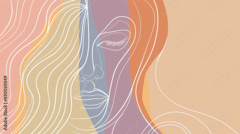 Abstract Female Face with Pastel Colors and Line Art - A minimalist illustration featuring a female face drawn in white lines against a background of pastel colors. The design symbolizes beauty, simpl Abstract Female Face with Pastel Colors and Line Art - A minimalist illustration featuring a female face drawn in white lines against a background of pastel colors. The design symbolizes beauty, simpl