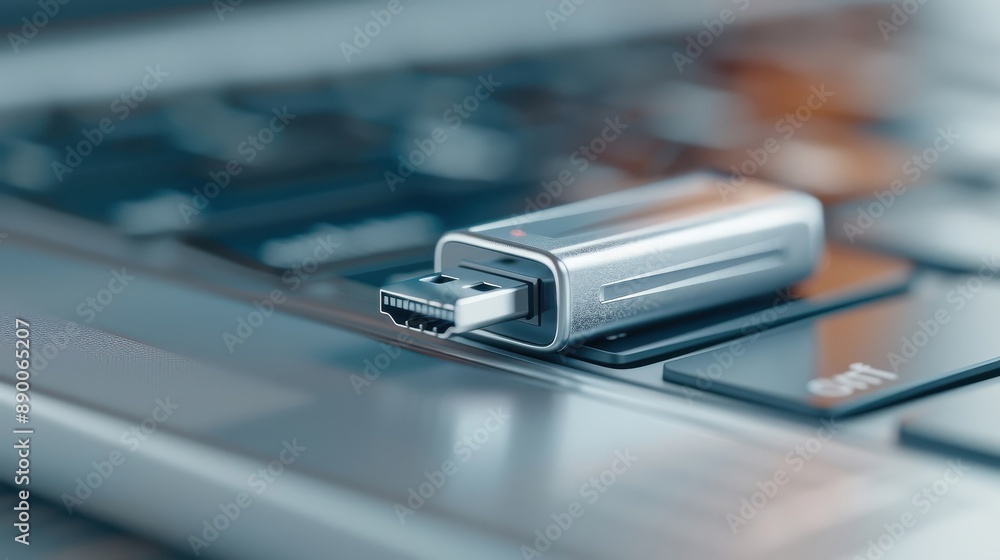 A close-up of a USB drive being inserted into a laptop port. A close-up of a USB drive being inserted into a laptop port.